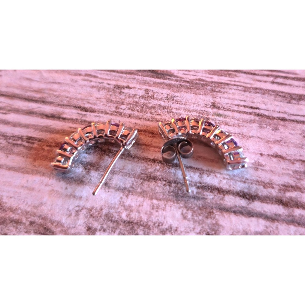 Curved Sterling Silver Earrings Purple Clear Gemstone Studs Post Back